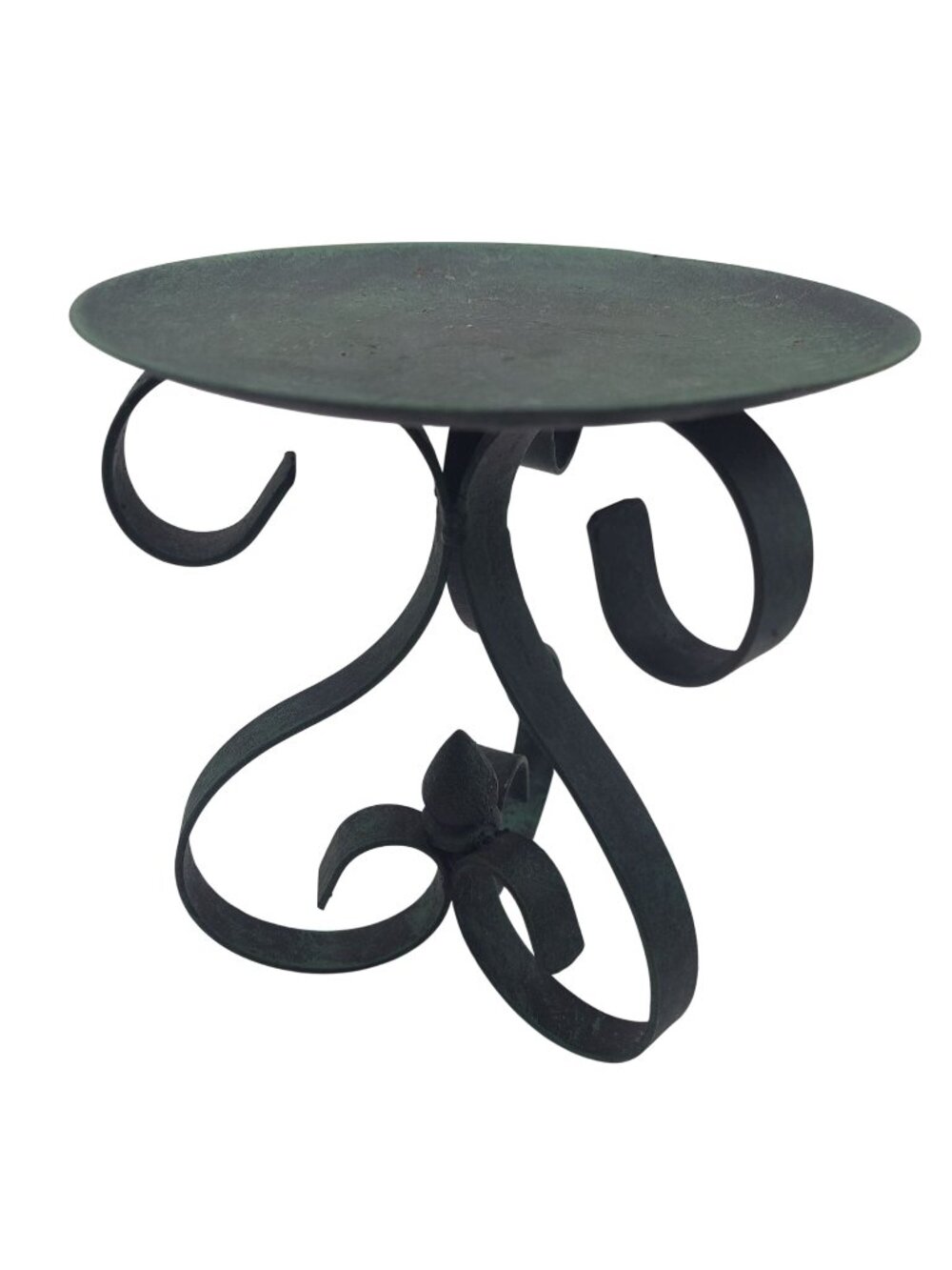 Wrought Iron Pillar Candle Holder Rustic Green Scrollwork Design Three legged